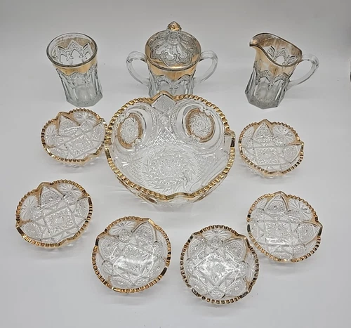 Vintage 7 EAPG Clear Pressed Glass Dish w/Gold Sawtooth Edge Set + Milk/Tea Lot