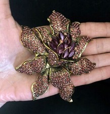 LARGE PURPLE AMETHYST WINE PINK ORCHID FLOWER CRYSTAL BROOCH WEDDING COAT JACKET