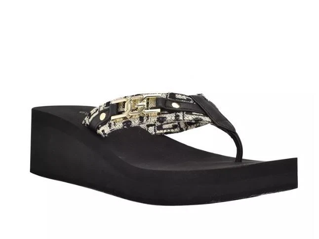NEW GUESS BLACK LOGO STRAP FLIP FLOPS WEDGE EDIVA PLATFORM SIZES 6,7,8,9,10,11