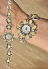 VTG Denacci Silver Tone Quartz Gemstone Women's Watch Retro Art Nouveau Style