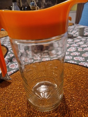 Vintage Anchor Hocking Refrigerator Pitcher Orange Lid   1970s Glass Juice