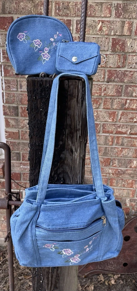Vtg 70s Blue Denim Country Embroidered Floral Bag Boho Hippie - Image 2 of 4