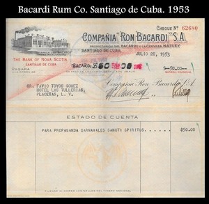 Rare invoice-check from Cuban Rum Co. BACARDI for publicity in Carnivals. 1953