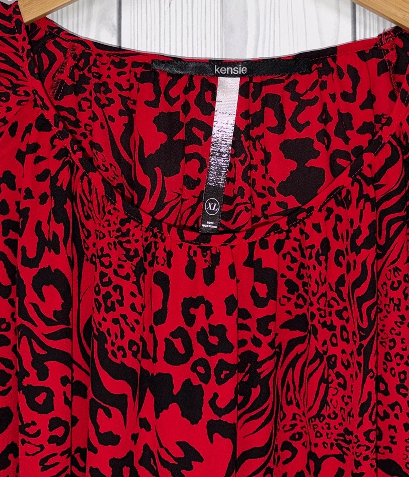 Blusa Kensie Mujer Talla Extra Grande Manga Larga Top Rojo Estampado Pullover Foto 2 de 4