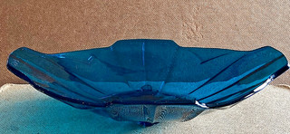Retro Teal Blue Oval Pressed Glass Dish with Shaped Edge/Handles (30cm long)