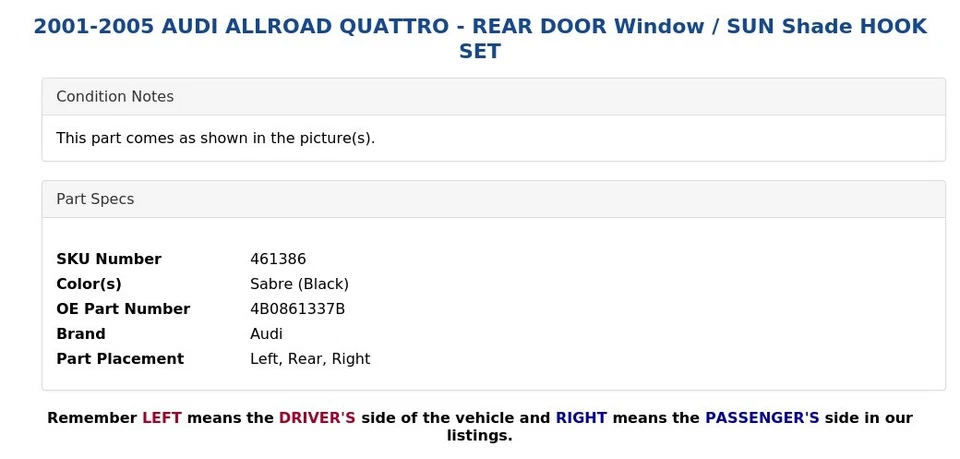 AUDI ALLROAD QUATTRO 2001-2005 - JUEGO DE GANCHOS PUERTA TRASERA VENTANA/PARASOL Foto 3 de 4