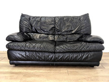 SOFA 2 Seater Black Leather Sewn In Cushions Pad Arms Low Profile FREE DELIVERY