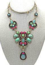 Eastern Indian Style Tribal Bib Necklace 24" Multi Color Boho Statement Jewelry