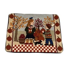 Wool Needlepoint Pillow Cover Fall Orchard Apple Picking Pumpkins Girl Boy 16x12