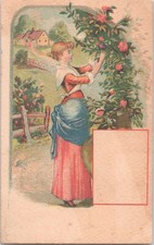 Charming Antique Victorian Trade Card - Lovely Lady Red Dress Picking Flowers