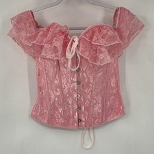 Womens Pink Floral Lace Ruffle Corset Top Satin Overbust Medium Boned Bustier