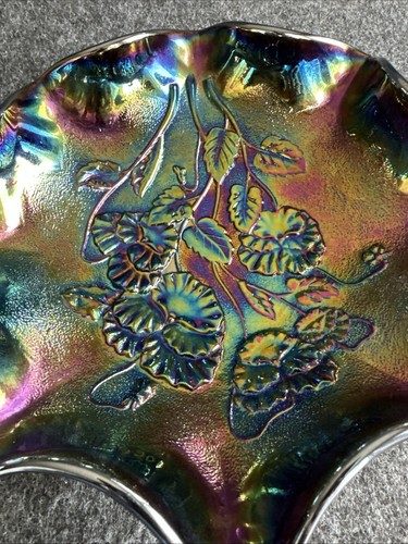 Carnival Glass Dish by Imperial Amethyst Purple PANSY Pattern Ruffled Cut Arcs - Picture 11 of 24