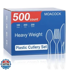 MOACOCK 500 Count Extra Heavy Duty Plastic Silverware, 200 Forks, 200 Spoons,