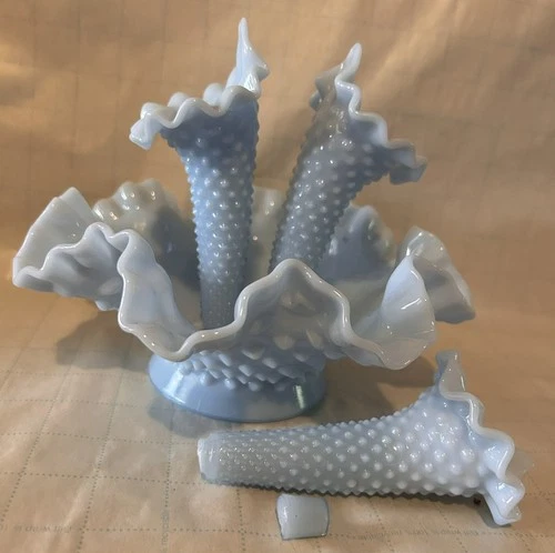 Fenton Hobnail Pastel Light Blue Milk Glass Epergne ~ PLS READ