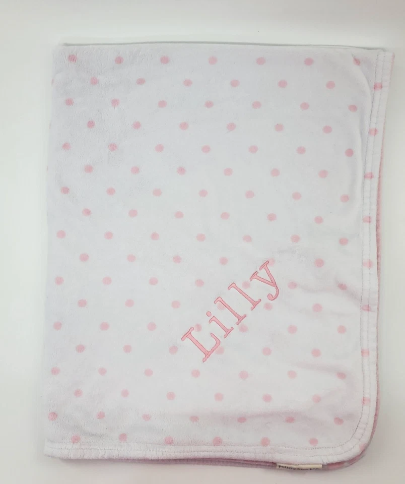 Manta de bebé Pottery Barn Kids rosa blanco lunares rayas monograma Lilly B58 Foto 3 de 4