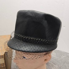 Vintage Black Straw Pillbox Hat with Veil Union Made USA Mid Century Medium
