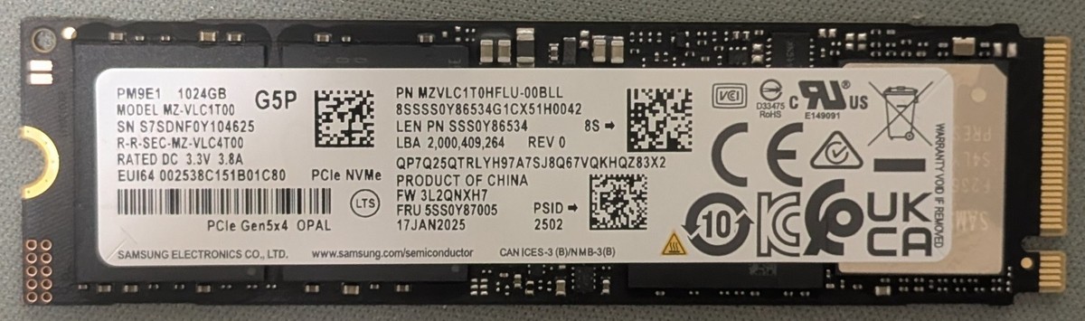Samsung PM9E1 1TB M.2 2280 PCIe Gen5 x4 NVMe SSD – MZ-VLC1T00