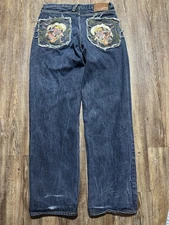 RMC Red Monkey Jeans Size 32x33 Baggy Y2K Geisha Samurai Embroidered Denim B4