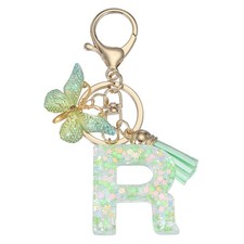 Alphabet Initial Letter Keychain Cute Charm with Tassel Butterfly Letter R Green