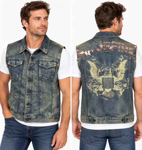 Ring of Fire Men's XL Blue Denim Eagle Flag Back Graphic Biker Trucker Vest NWT - product listing photo