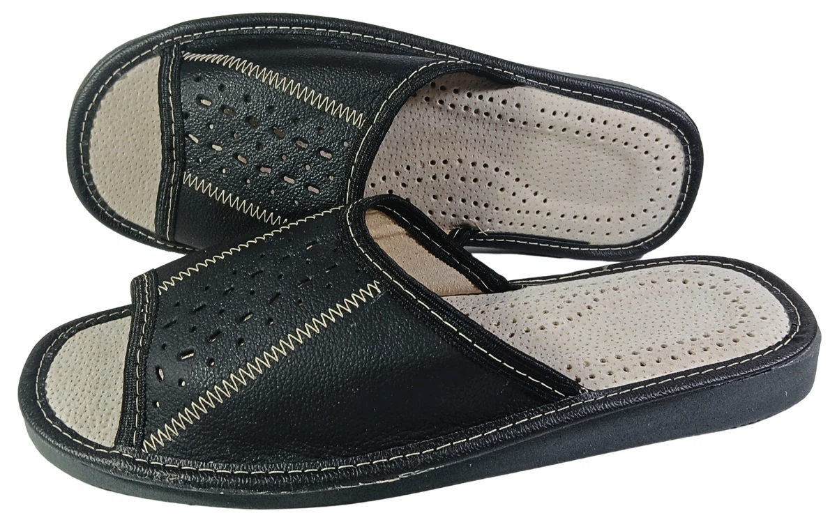 Herren Hausschuhe Leder Pantoffeln Sandalen Schwarz Latschen Schlappen Gr. 40-48