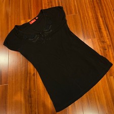 Oscar de la Renta Y2K Top Black Bead Embellished Neckline Short Sleeve Sz Medium