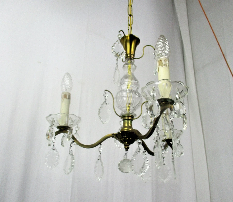 Brass Ornate Chandelier 3 Arms Lights Prisms Hollywood Regency Empire Red Shades - Image 4 of 4