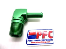 1/8" NPT to 3/16" Hose 90 Degree hose barb Show Polished green Anodized Alum