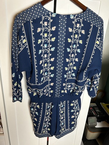 BCBGMax Azria Mujer’s Patrón Geométrico Boho Manga Larga Azul Mameluco XS - Imagen 10 de 14