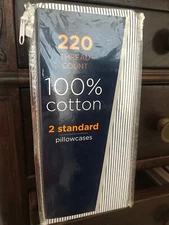 220-THREAD-COUNT BED BATH BEYOND 100% COTTON PERCALE PILLOWCASES (2) PINSTRIPE