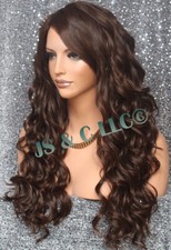 Human hair blend wig Full Heat OK Wavy Long Wig Brown mix Layered 6-30 WBKW