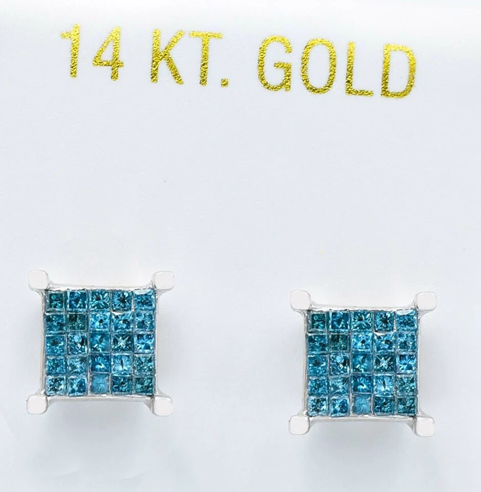 PENDIENTES DE DIAMANTES AZULES GENUINOS DE 1 QUILATE ORO BLANCO DE 14K - Nuevos con etiqueta Foto 2 de 3
