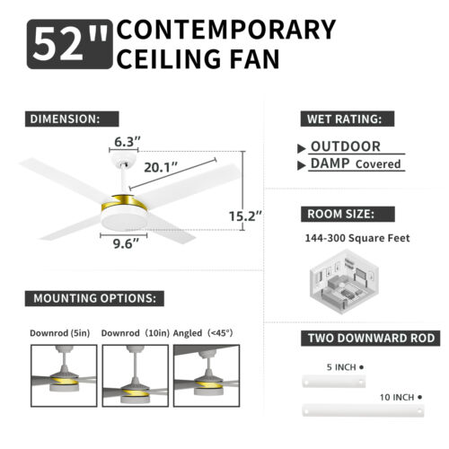 52" Ceiling Fan with Light and Remote Control 4 Blade Dimmable Memory Function - Picture 3 of 18