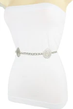 Women Holiday Narrow Belt Silver Metal Chain Hip High Waist Flower Charm M L XL