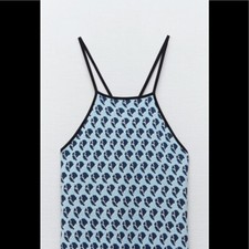 NWT ZARA S Jacquard Pattern Print Detail Blue Black Midi dress Knit
