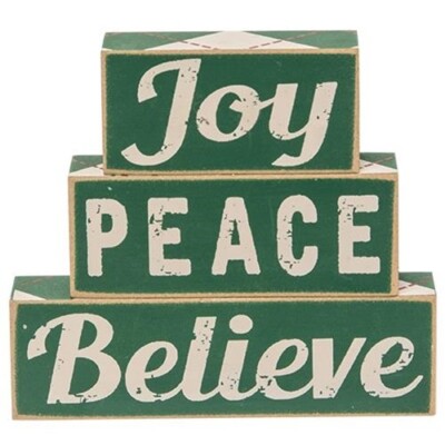 Green Plaid Joy Believe Peace Stackers - 3 Piece Set of Wooden Signs 4.5''x5''