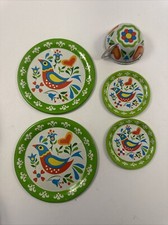 Ohio Art Tin Litho Toy Tea Cup Saucer Plate Folk Art Bird Heart