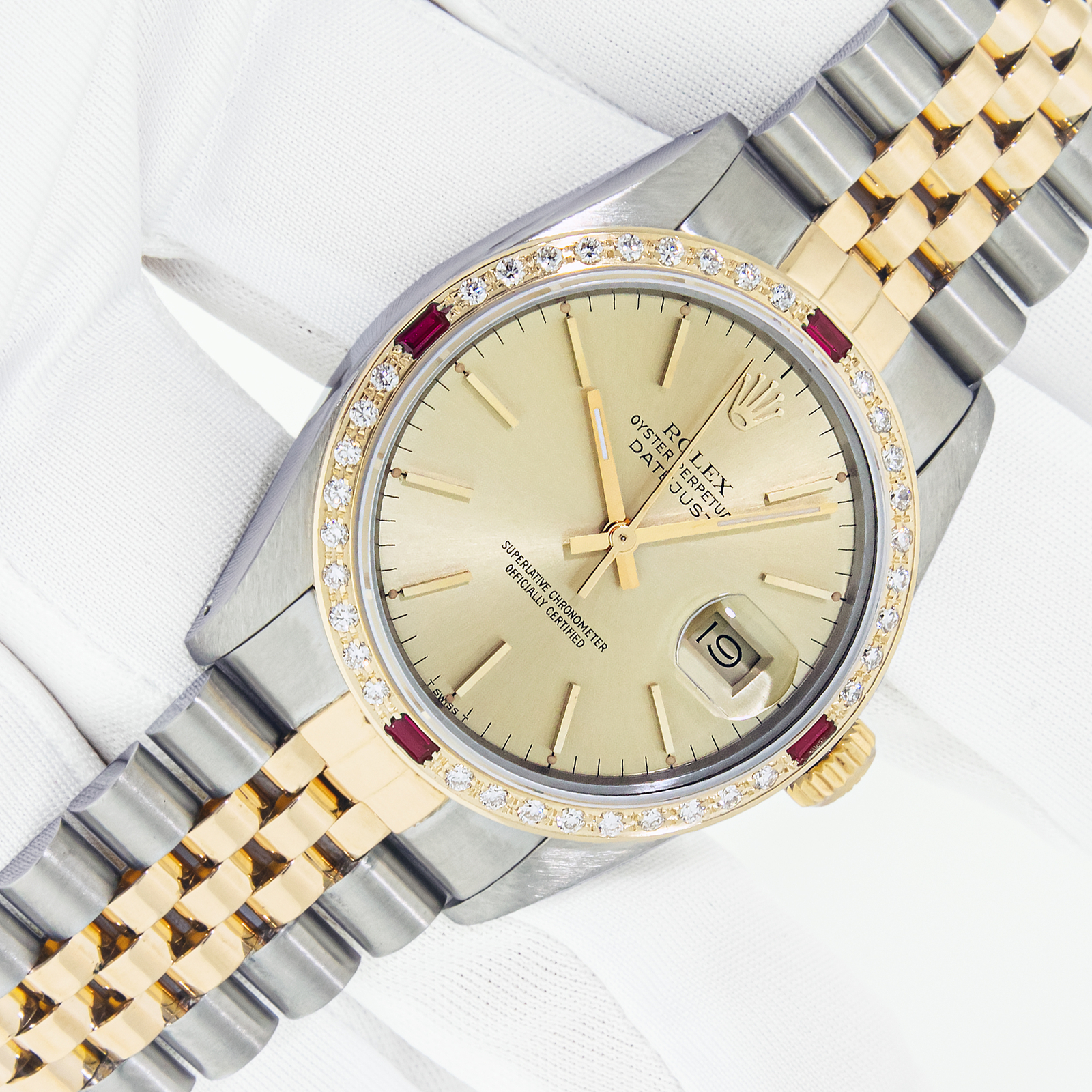 Rolex Mens Datejust Steel and 18K Gold Champagne Dial Diamond Ruby Bezel Watch image 2
