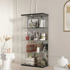 Glass Display Cabinet 4 Shelves w/Mirror Bookshelf Trophy Case Curio Black New