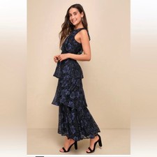 Lulu’s Molinetto Navy Blue Lace Ruffled Tiered Sleeveless Maxi Dress Size Medium