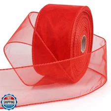LOAVER Red Organza Wired Sheer Ribbon,2-1/2" x 50 Yards Metallic 