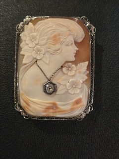14KT WHITE GOLD CARVED RECTANGLE CAMEO BROOCH/DIAMOND NECKLACE LARGE 2 1/8" 19GR