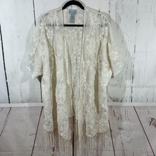 Catherines 2X/3X Kimono Open Front Cardigan Top Ivory Embroidered Victorian Boho