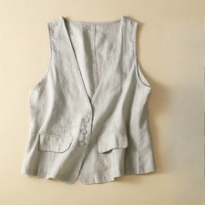 Gilet Sans Manches Col V Boutonné Beige Noir Coton Mélange Été Casual