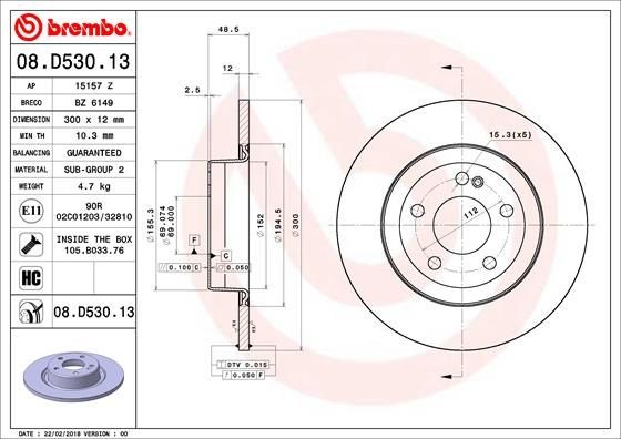 Disque de frein Brembo 08.D530.13 pour éliminer les vibrations Mercedes