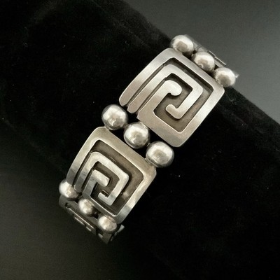 Vintage Taxco Sterling Silver Jose Luis Flores Greek Key Panel Bracelet 6.75 