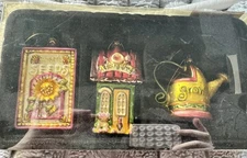 RARE -3 seeds sunflower, potting shed, & gardener glass christmas ornament - NIB