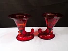 Pair Set of 2 Vintage Fenton Ruby Red Glass Cornucopia Candle Holders