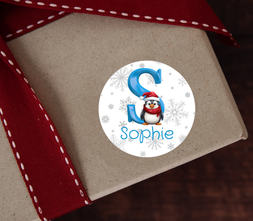 Personalised Christmas Penguin Initial Name Stickers Gift Wrap Presents Santa - Picture 19 of 50