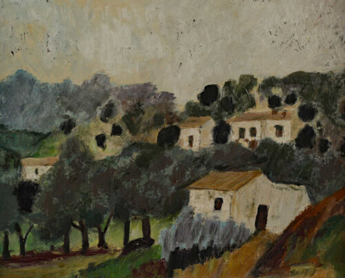 Signé 82 peinture à l'huile ancien village paysage maisons expressives abstraites - Photo 1/7